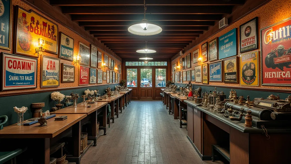 Antique shop with various vintage advertising signs
