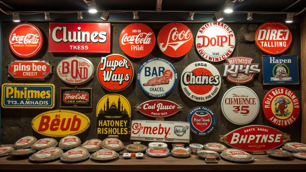 Vintage porcelain enamel advertising signs in a collector's display