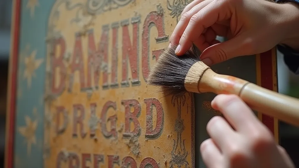Hands cleaning a vintage sign with a brush