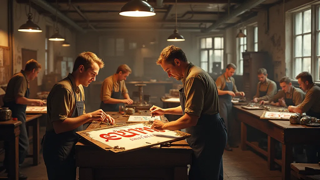 Workers hand-painting a vintage porcelain enamel sign