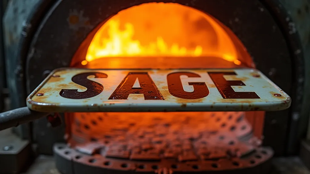 Porcelain enamel sign being fired in a kiln