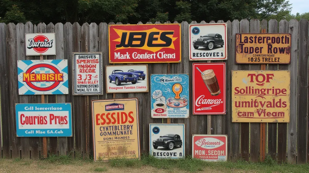 Collection of vintage advertising signs on a fence